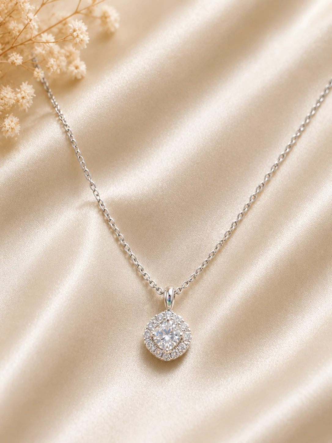 18ct w cushion 0.3ct lab dia halo +  adjustable chain